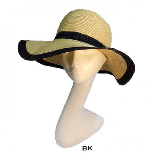 Wide Brim Paper Straw Hat w/ Color Band & Trim - Black - HT-6039BK